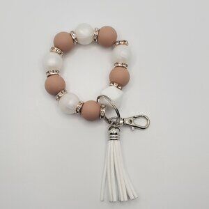 Handmade Silicone Bead Bracelet Keychain – Frost White, Neutrals & Gold – 7” Wri